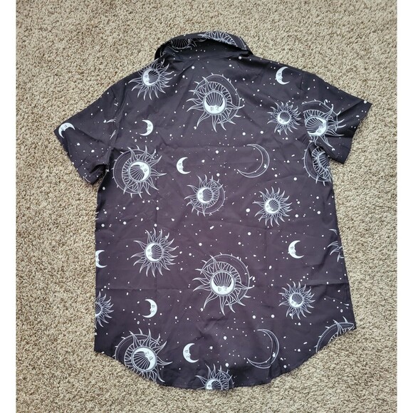 Romwe Button Up Down Shirt Top Celestial Sun Moon Black White Goth Size Small - Picture 3 of 4